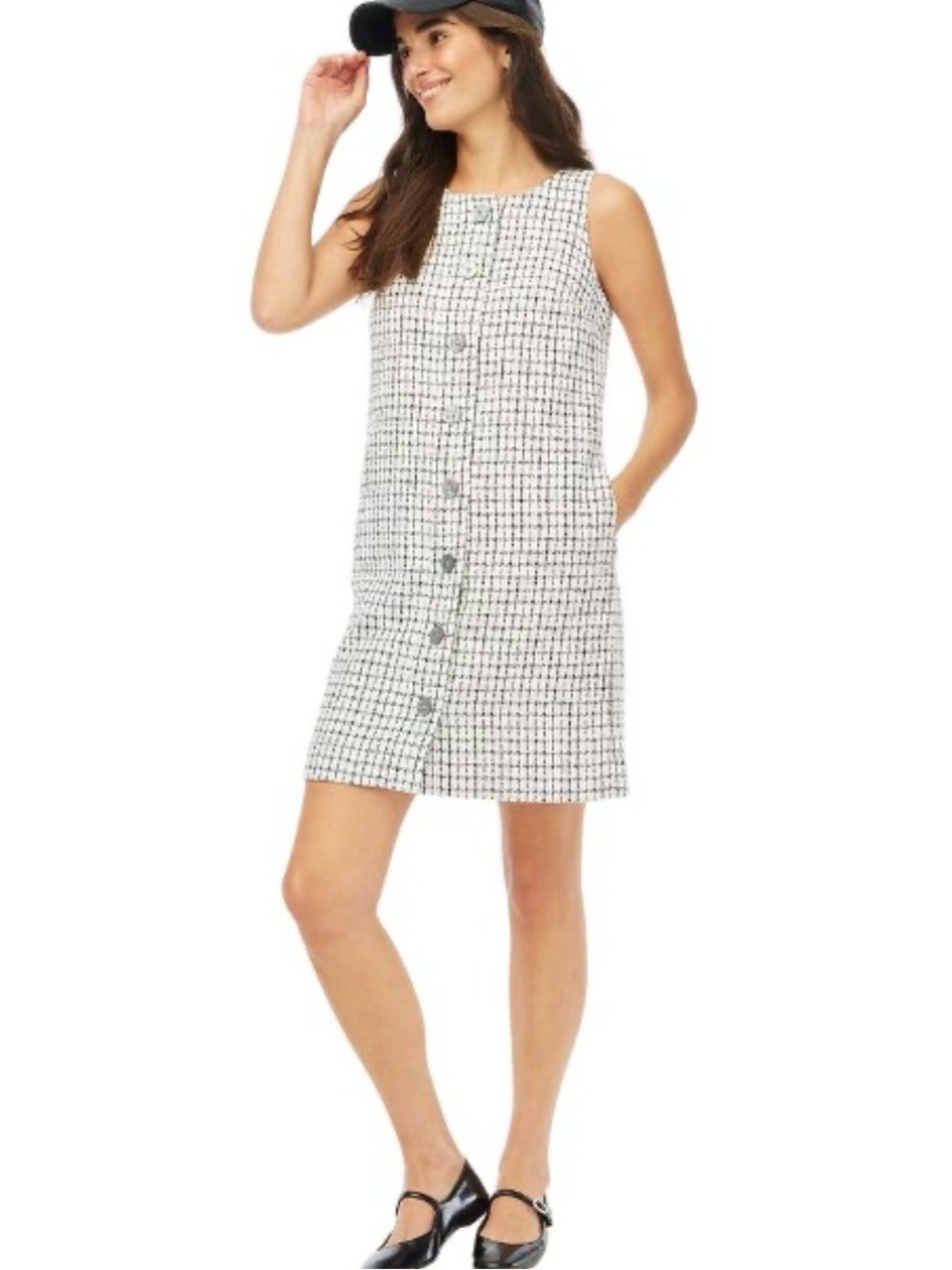 NEW J Crew tweed black-white large button front boho chic classic midi dress